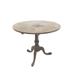 Georgian mahogany circular tilt top table, with turned column raised on triple splay supports and pad feet, D93cm, H73cm