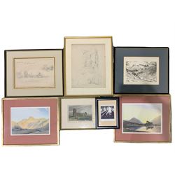 English School (19th century): Hutton Castle and Hampton Lucy, two pencil sketches together with A Wainwright signed engraving, hand-coloured engraving of Dunwich Church and two landscape prints (7)