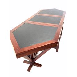 20th century hardwood sectional boardroom table, the top inset with skivered writing surface, raised on square supports with stretchers, recently removed from Bootham Terrace, York City Football Ground 315cm x 100cm, D76cm