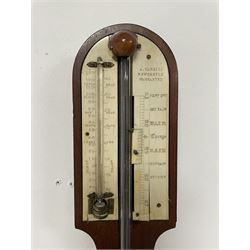 A 19th century mahogany cistern tube stick barometer signed by A Tarelli, Newcastle, with an exposed tube, round top and orb shaped cistern cover with brass adjustment screw, engraved ivory register with a single sliding vernier, register recording barometric air pressure from 27-31 inches with predictions, corresponding mercury thermometer recording the temperature in Fahrenheit and Reaumur.
Cistern leather torn/perished, no mercury present.  H92cm


