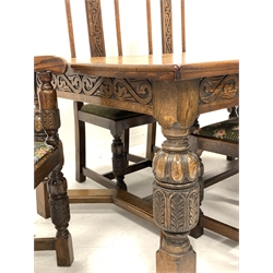 Early 20th century English oak dining table, rectangular top over scrolled foliage carved frieze, turned and carved cup and cover supports joined by angular moulded stretchers (178cm x 101cm, H76cm), and set five (4+1) high back dining chairs with scroll and leaf carved cresting rail and backs upholstered drop in seats
