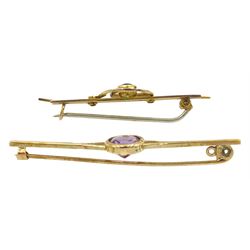 Early 20th century gold peridot and seed pearl brooch, stamped 9ct and a gold amethyst brooch, hallmarked 9ct
