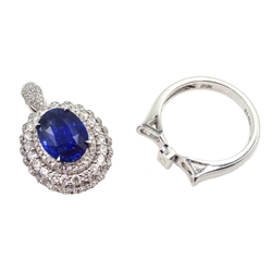  18ct white gold oval sapphire and diamond cluster ring/pendant, sliding shank with hidden bail, stamped 18K, sapphire 3.62 carat  