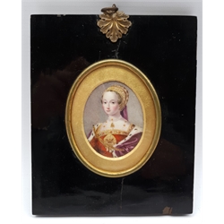 English School (19th century): Anne Boleyn, oval enamel portrait miniature unsigned, inscribed on labels verso 6.5cm x 5.5cm 
Provenance: by repute from the collection of the Lygon family of Madresfield Court