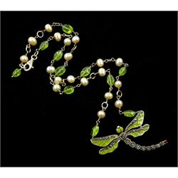Silver peridot, enamel, pearl and marcasite dragonfly necklace, stamped 925