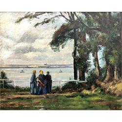 English School (20th century): Three Figures by a Lake, impressionist oil on board signed with initials EB 40cm x 50cm