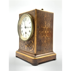  Late 19th century rosewood and floral marquetry mantel timepiece, white enamel dial with Roman numeral chapter ring, eight day single train movement, H20cm  