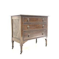 20th century oak chest fitted with three graduated drawers, raised on turned supports with castors W90cm