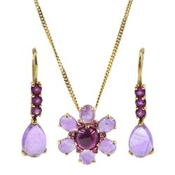 9ct gold cabochon amethyst and stone set flower pendant necklace and a similar pair of 9ct gold pendant earrings, both stamped 9K