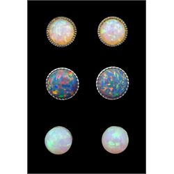 Three pairs of silver opal stud earrings
