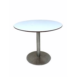Set four bistro tables with wooden laminate tops, raised on stainless steel bases