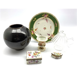 Small 19th Century Derby campana shape H10cm, vase, Italian trinket box, Samson box, studio pottery vase, glass tea pot and a plate