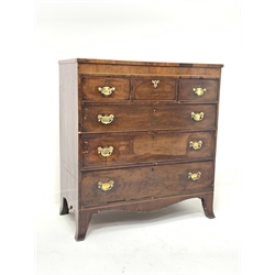 George III mahogany chest fitted with three short and three long drawer, boxwood inlay, brass pull handles, shaped apron and splayed supports, W101cm, H108cm, D48cm