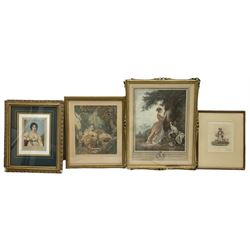 After Jean-Honoré Fragonard (French 1732-1806): 'The Souvenir' and 'La Bonne Mere', two engravings with hand colouring together with two others similar max 37cm x 27cm (4)
