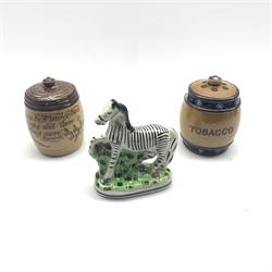  Staffordshire flatback Zebra, 19th Century Doulton Lambeth stoneware salt glazed tobacco jar and another by Royal Doulton (3)  