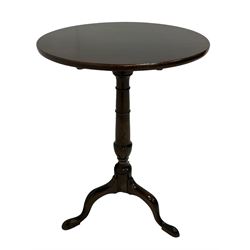 George III mahogany circular tilt-top wine table, turned column support with three splayed cabriole feet