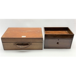 Pair of small mahogany corner wall brackets W33cm, mahogany tray top stationery box with a single drawer W29cm and one other box