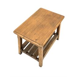 Vintage mid 20th century oak stool, the moulded top raised on square splayed supports united by a slatted magazine rack  under tier, W55cm