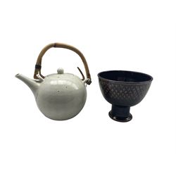 David Lloyd Jones (British 1928-1994): Tenmoku glaze pedestal bow H13.5cm x D15cm and teapot with cane handle