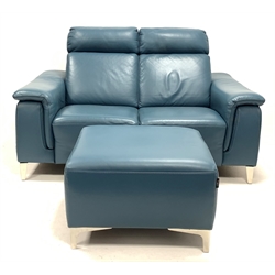 Nicoletti Home Italian two seat sofa, upholstered in petrol blue leather, (W165cm, H100cm, D105cm) and matching footstool , (W70cm)