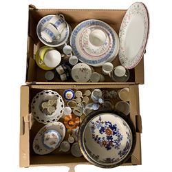 Doulton Burslem Nankin footed bowl, miniature porcelain tankards, Royal Doulton Cranbourne tea ware, bisque figures etc in two boxes