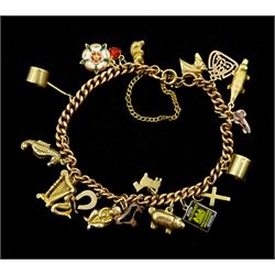 9ct gold curb link bracelet, with nineteen 9ct gold charms including platypus, horses head, dog , koala bear, pig, seahorse, harp and mermaid, all hallmarked, stamped or tested, approx 35gm