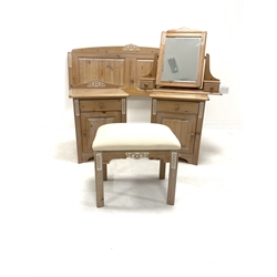 Pair of pine bedside cabinets, each with drawer and cupboard, (W50cm) together with a matching headboard (W150cm) upholstered stool (W50cm) and a dressing table mirror, (W77cm)