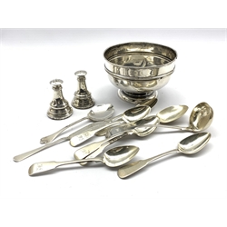Silver pedestal bowl Chester 1910 D12cm, Victorian fiddle pattern toddy ladle Edinburgh 1860, various silver teaspoons, pair of silver pepperettes etc weighable silver 9oz