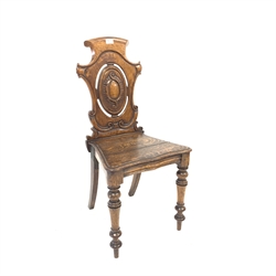 Victorian oak hall chair with scroll carved and pierced backs, shaped seats and turned front supports, W43cm  