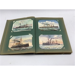Post card album containing mainly early 20th Century Naval cards, warships, Channel Fleet, First Cruiser Squadron etc, two cards showing Paulhan's flight at Brooklands,  two of Bleriot's flight etc 