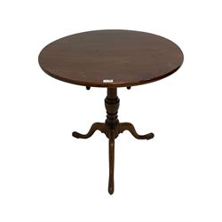 George III mahogany tripod table, circular tilt-top on vasiform column, three splayed supports 