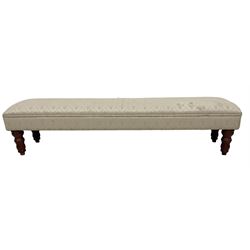 Victorian design footstool, seat upholstered in ivory damask fabric, on turned feet