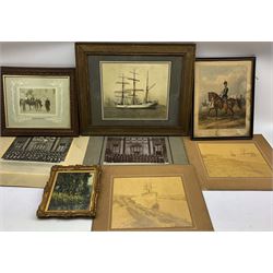Collection of six military and naval photographs together with a 19th century military print and a small impressionist oil on board max 30cm x 40cm (8)
