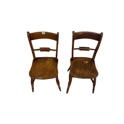 Set five 19th century farmhouse chairs, the cresting and back rail over elm seat, raised on turned supports, united by a stretcher 