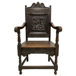 19th century heavily carved oak Wainscot chair, scroll carved pediment over lunette carved frieze, panelled back with carved mount depicting figures at wall, down sweeping arms with acanthus carved terminals, on turned supports united by moulded stretchers