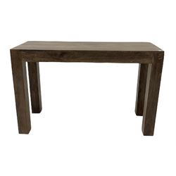 Contemporary hardwood console table raised on block supports W120cm