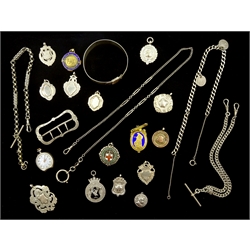 Fifteen early 20th century and later silver fob medallions, silver watch chains, silver bangle and buckle, all hallmarked or tested and one other fancy link watch chain