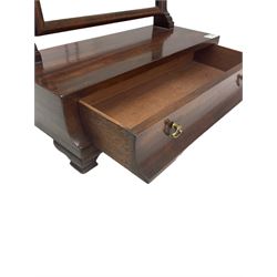 Georgian design mahogany swing mirror, one adjustable mirror with two uprights, surmounted by brass finials over one drawer, raised on bracket supports 
