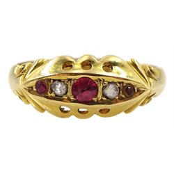Early 20th century 18ct gold five stone diamond and pink stone ring, Birmingham 1919