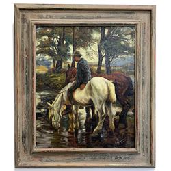 Arthur Spooner (British 1873-1962): Watering Horses, oil on board signed and dated 1914, 49cm x 40cm
