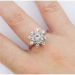 White gold round brilliant cut diamond cluster ring, stamped 14K, total diamond weight approx 0.95 carat