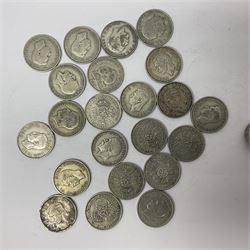 Approximately 550 grams of pre 1947 Great British silver coins including two shillings and one shilling, various other pre decimal coins etc
