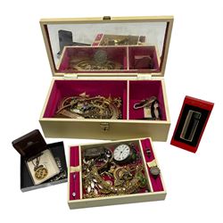 Hammered silver vesta case, silver Waltham pocket watch, silver-gilt love pendant and silver necklace, three gold wristwatches, all hallmarked, two on gilt straps, two paste rings stamped 9ct & sil. and a collection of costume jewellery including a Trifari necklace