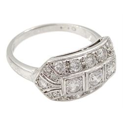 White gold milgrain set diamond curved panel ring, three round brilliant cut diamonds, with pierced diamond set surround, stamped 18ct, total diamond weight approx 1.10 carat