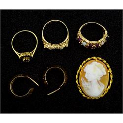 Gold sapphire and opal ring, amethyst and opal ring, cameo brooch, pair of hoop earrings, all 9ct and a silver-gilt blue stone set cluster ring