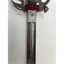 Victorian Queens Westminster Rifles officers sword with engraved blade inscribed 'Brissenden, London', wire wound fish skin grip, Gothic steel hilt, blade length 81cm