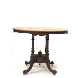 Victorian walnut small centre table, figured top with floral and boxwood string inlay, raised on turned supports and scroll carved splayed feet, terminating in castors, 90cm x 53cm, H72cm
