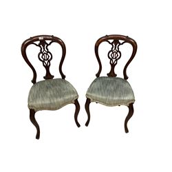 Pair 19th century mahogany dining chairs, pierced splat back carved with scrolls, upholstered seat raised on cabriole supports