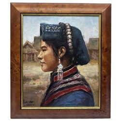 Shi Mo (Chinese 20th century): Side Profile Portrait of a Young Woman, oil on canvas signed and dated 1993, 30cm x 25cm