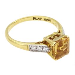 Gold single stone yellow topaz ring, with diamond set shoulders, stamped 18ct Plat, topaz approx 1.30 carat